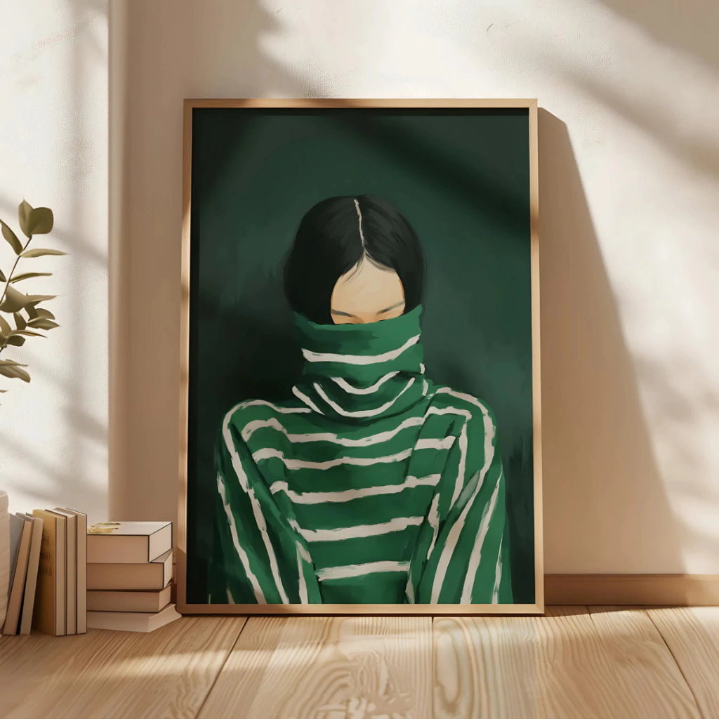 Cuadro Decorativo Ilustración Mujer Buzo Verde Rayado