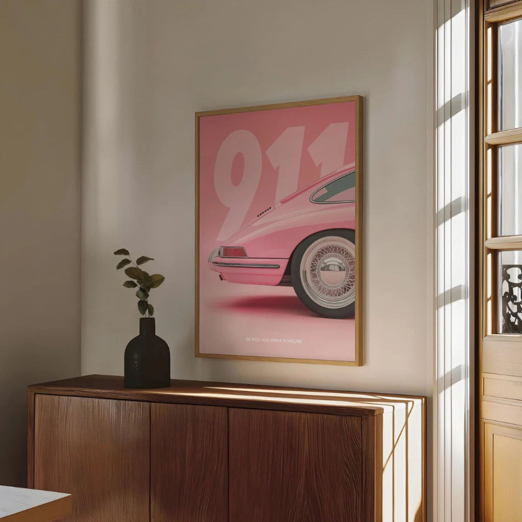 Cuadro vintage de un Porsche 911 rosa