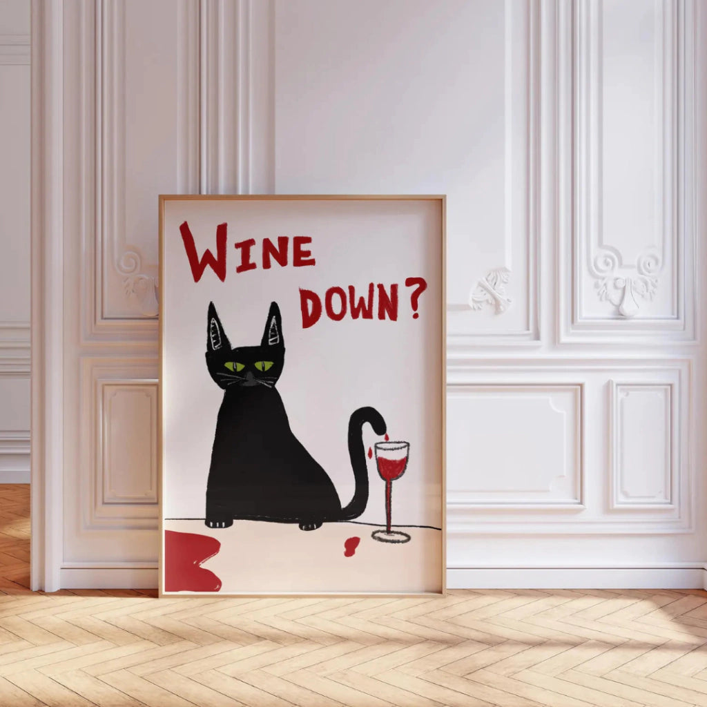 Cuadro Vino de gato negro, bonito póster ilustrado de moda
