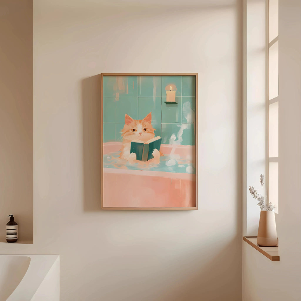 Cuadro Decorativo Gato Leyendo Libro Tomando Un Baño