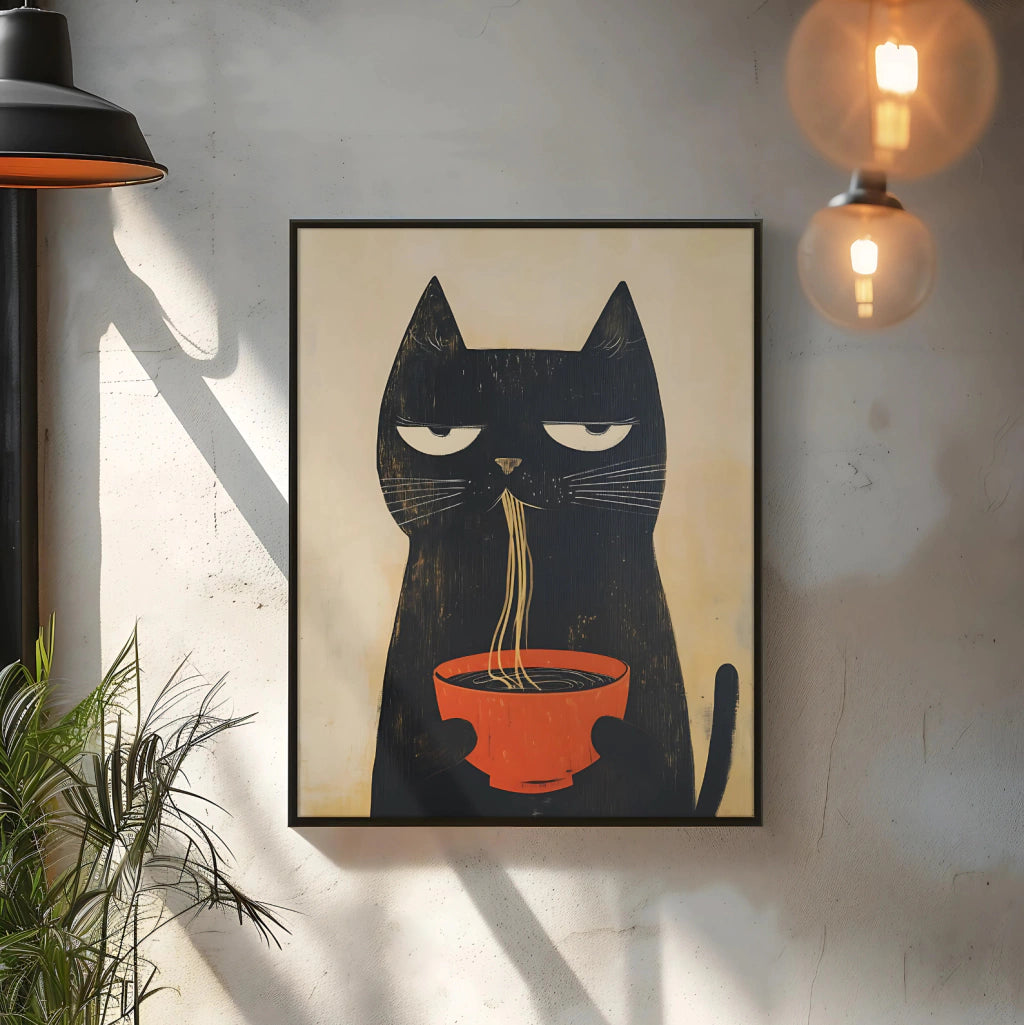 Cuadro Decorativo Gato Negro Enojado Comiendo Fideos