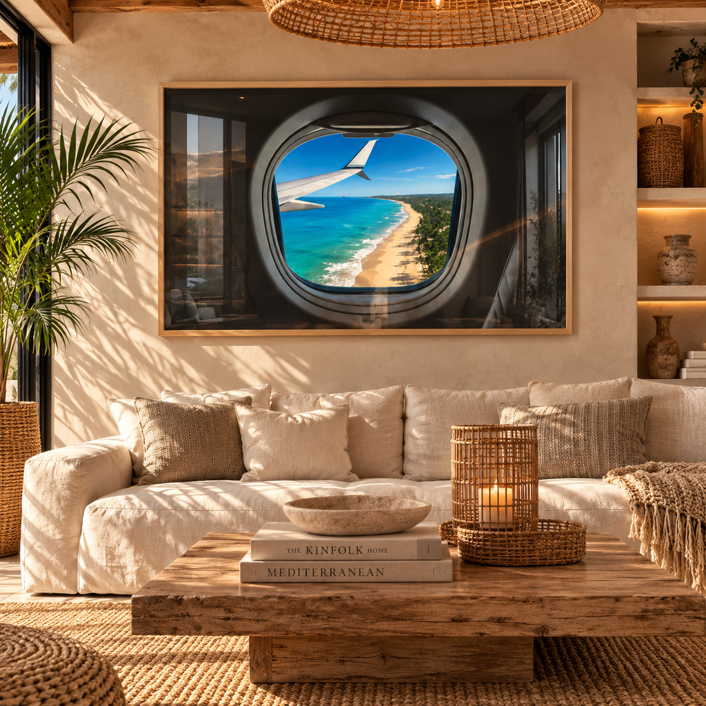 Cuadro ventana de Avión y playa