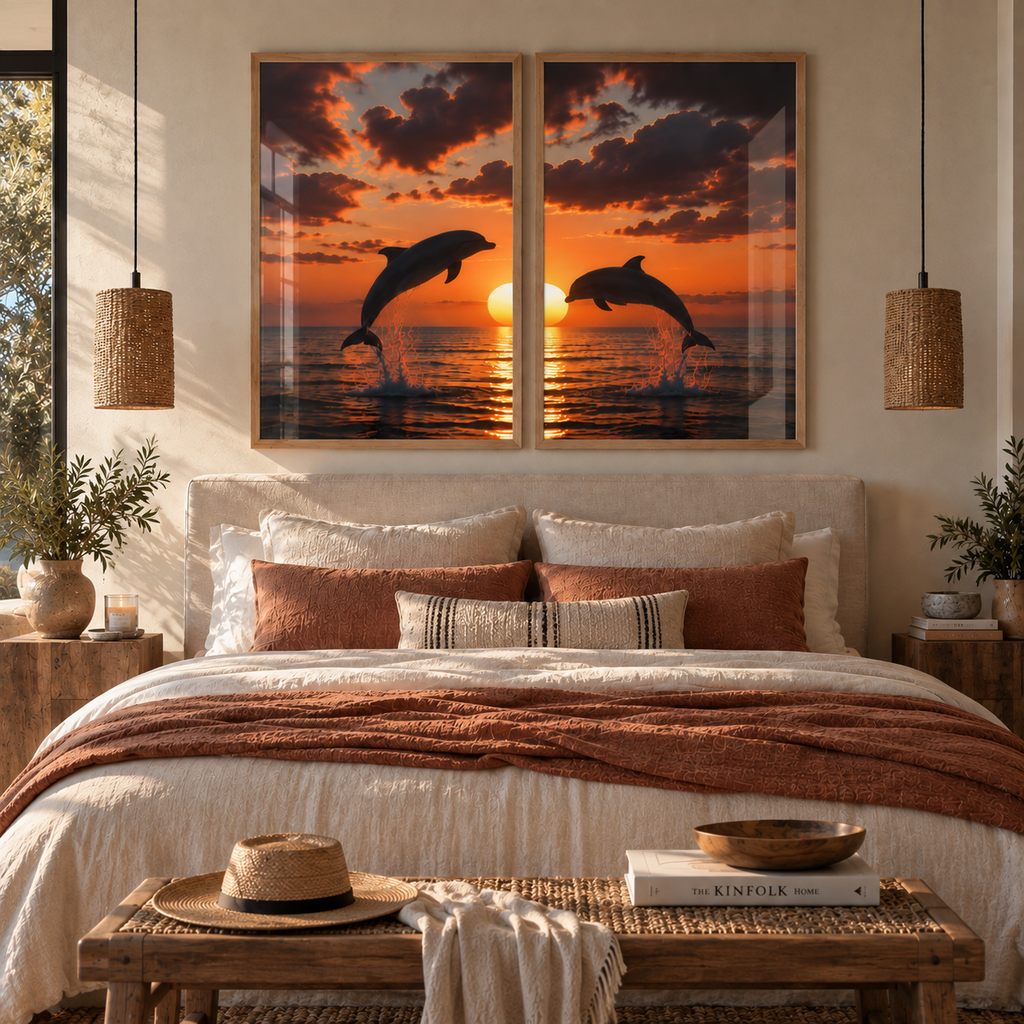 Set x2 Cuadros delfines atardecer mar