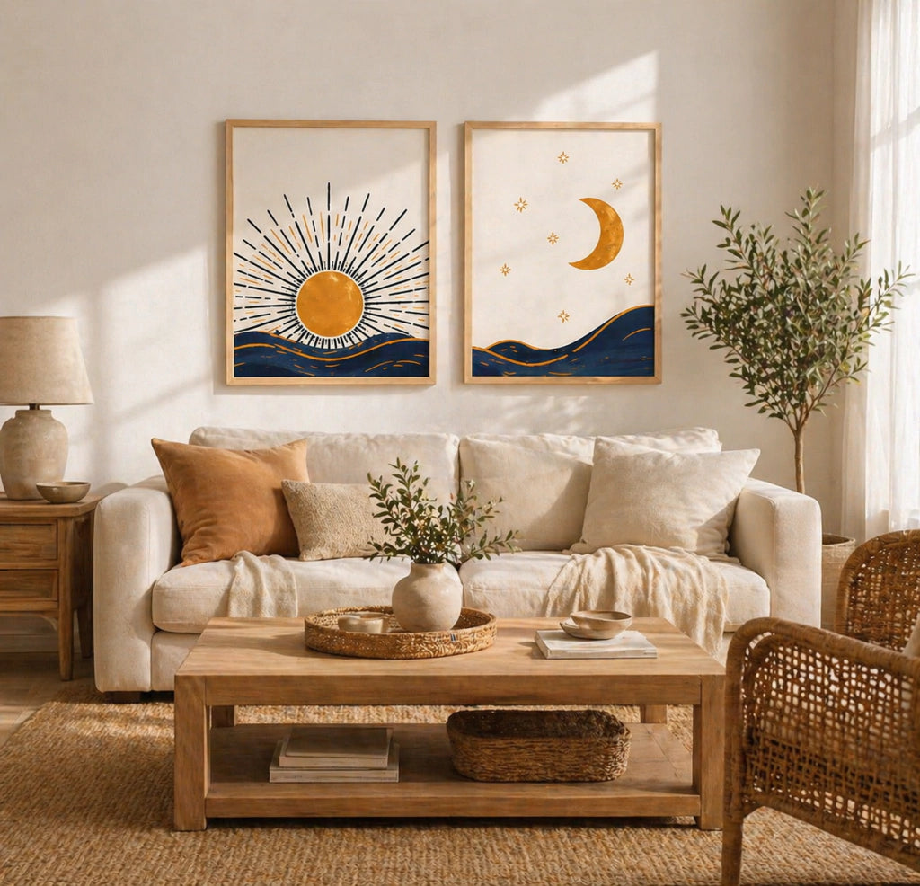 Set x2 Cuadros Decorativos Abstractos Luna y Sol Azul