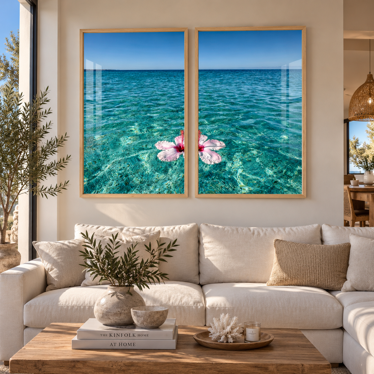 Set x2 Cuadros playa azul claro con flor
