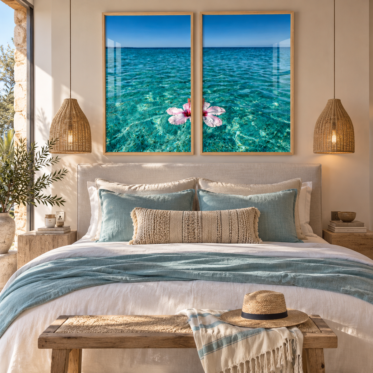 Set x2 Cuadros playa azul claro con flor