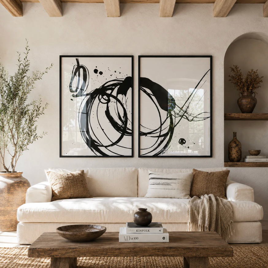 Set x2 Cuadros Decorativos, Arte Abstracto, Black 90x70cm vidrio común