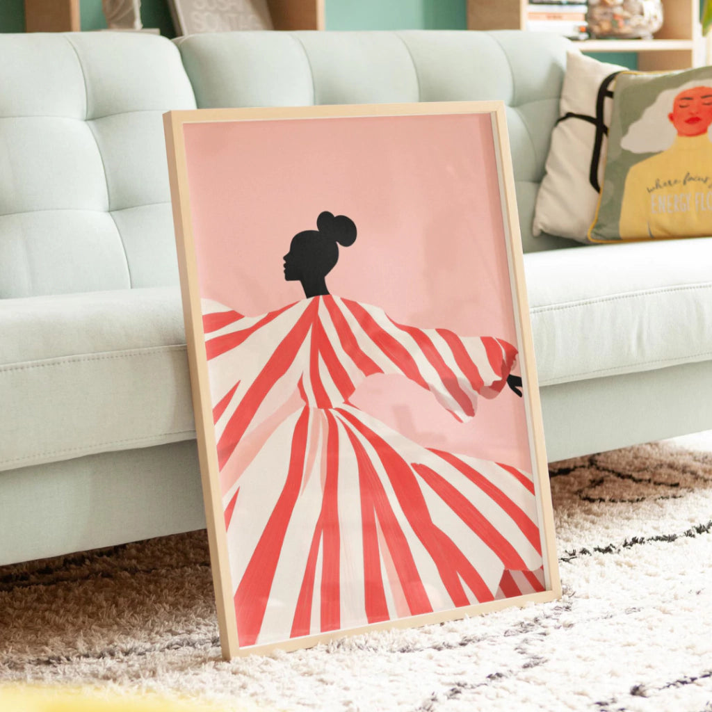 Cuadro Decorativo Ilustración Mujer Bailando Vestido Rojo