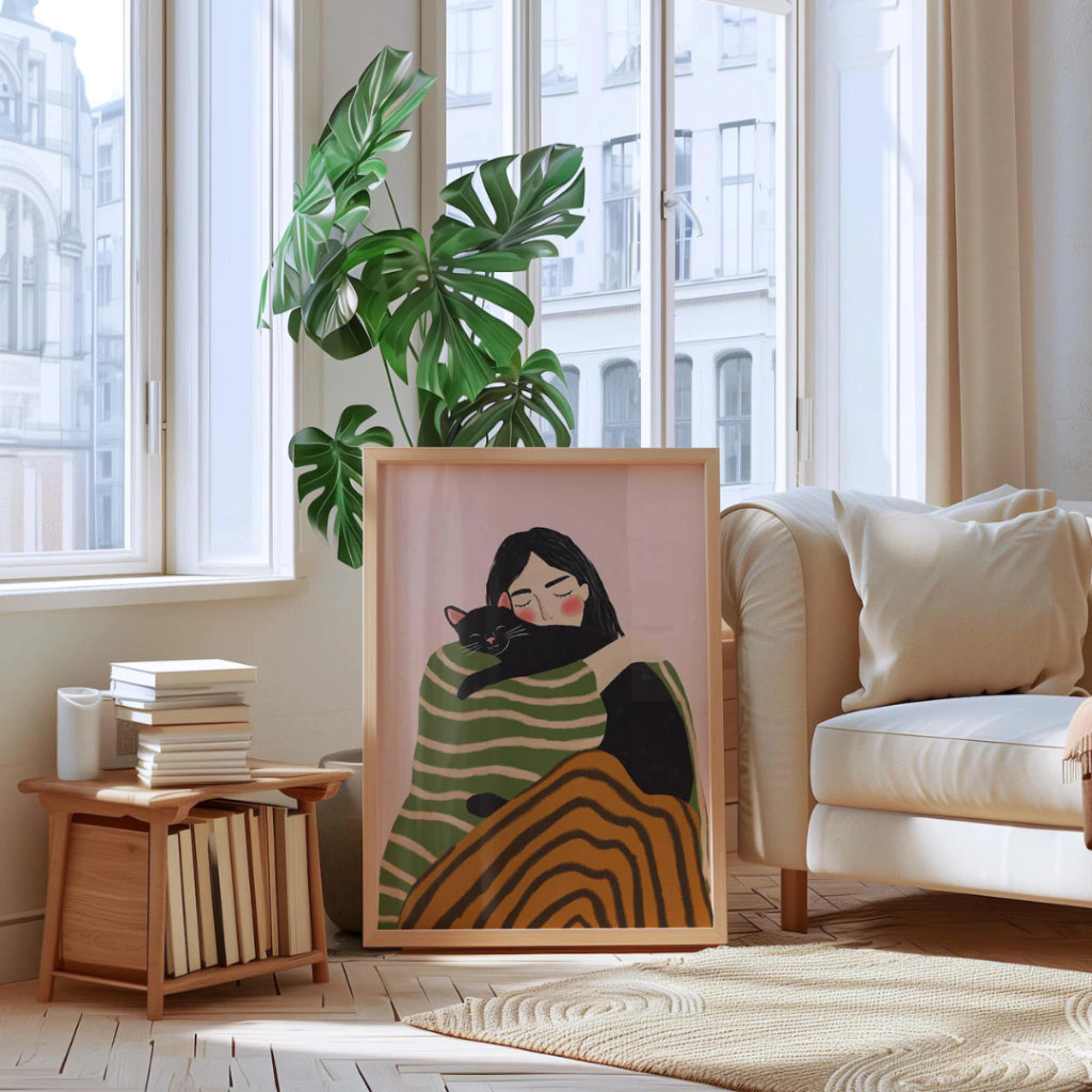 Cuadros Decorativo mujer con gato negro, ilustración dibujada