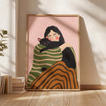 Cuadros Decorativo mujer con gato negro, ilustración dibujada