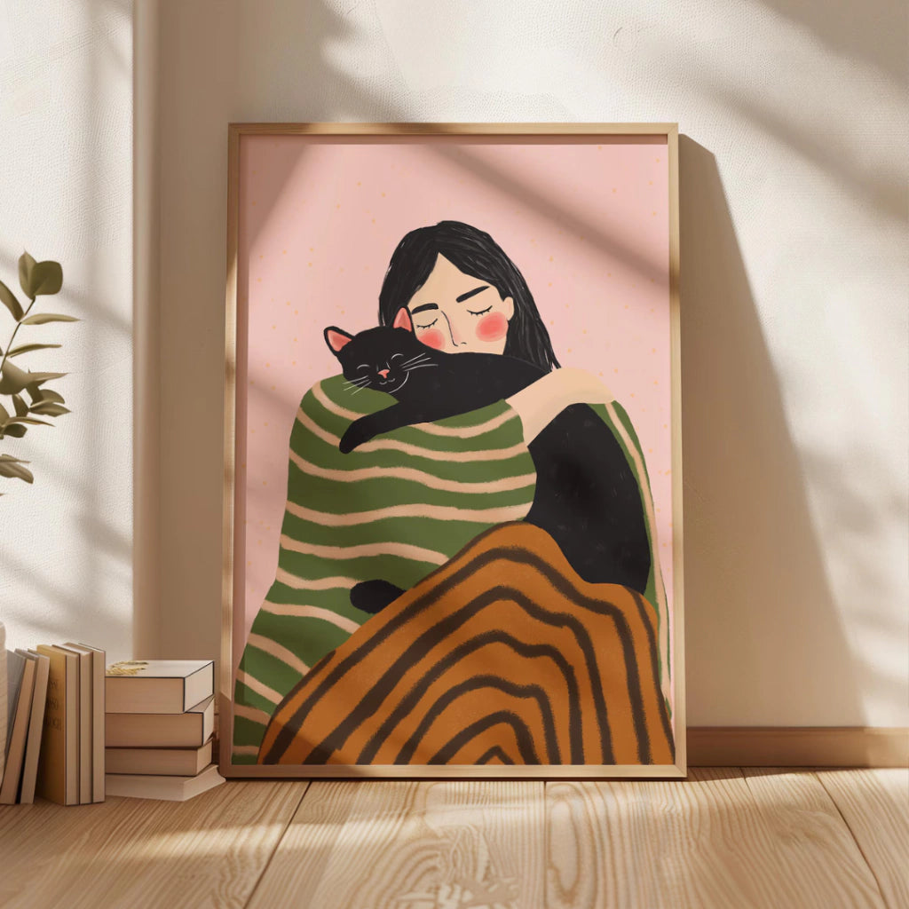 Cuadros Decorativo mujer con gato negro, ilustración dibujada