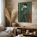 Cuadros Decorativo chica verde salvia con vino, arte mural femenino moderno