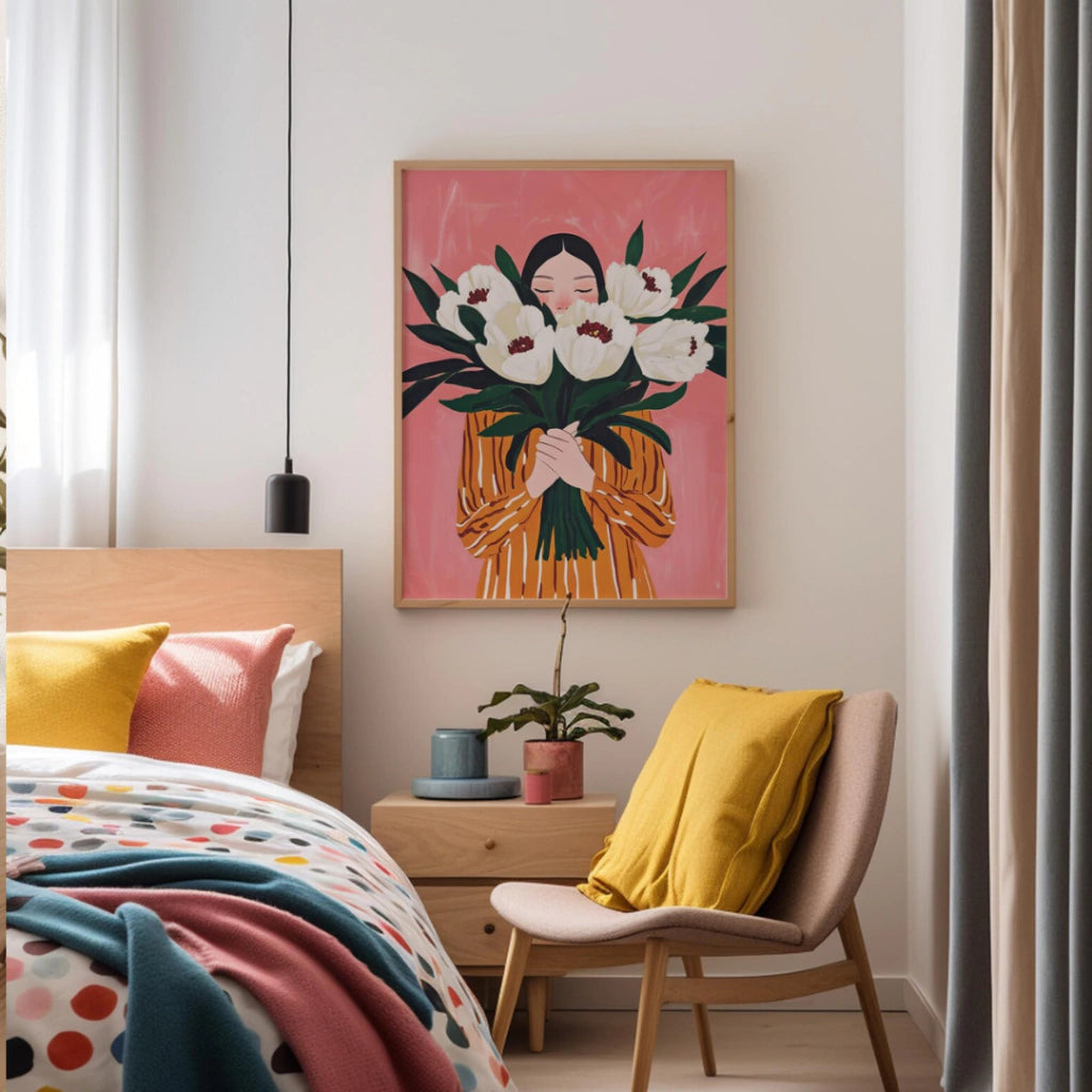 Cuadros Decorativo retrato de niña con peonías arte abstracto floral femenino