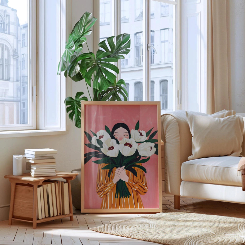 Cuadros Decorativo retrato de niña con peonías arte abstracto floral femenino