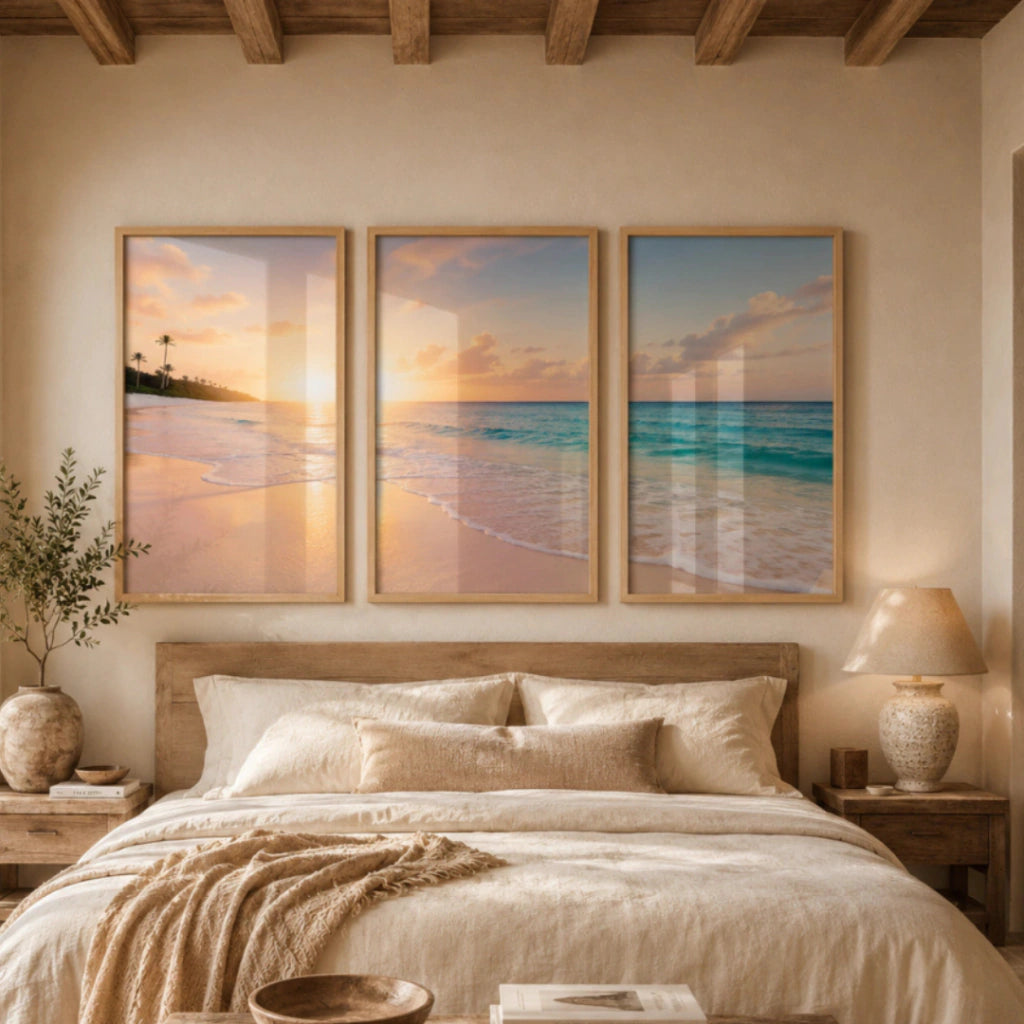 Set x3 Cuadros Decorativos Playa, Mar Orilla, Atardecer