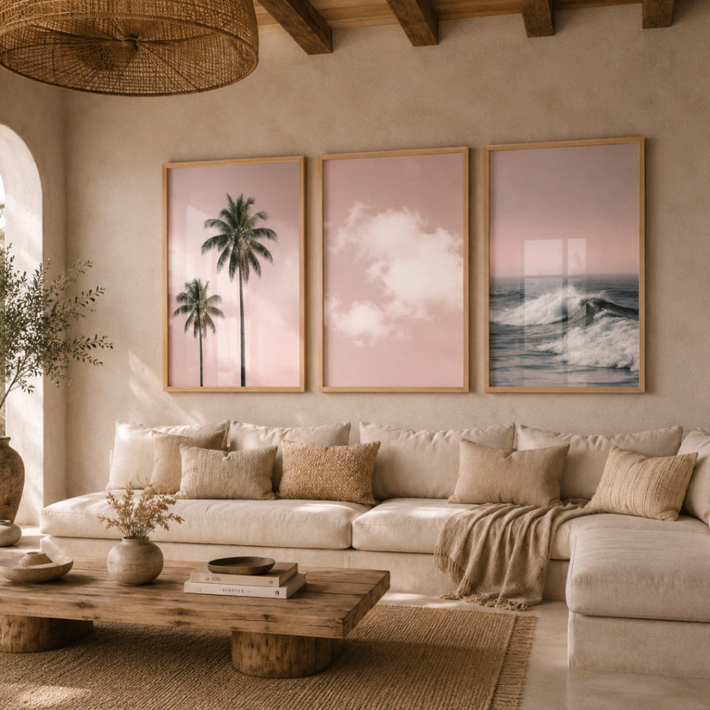 Set x3 Cuadros Playa Tonos Rosa