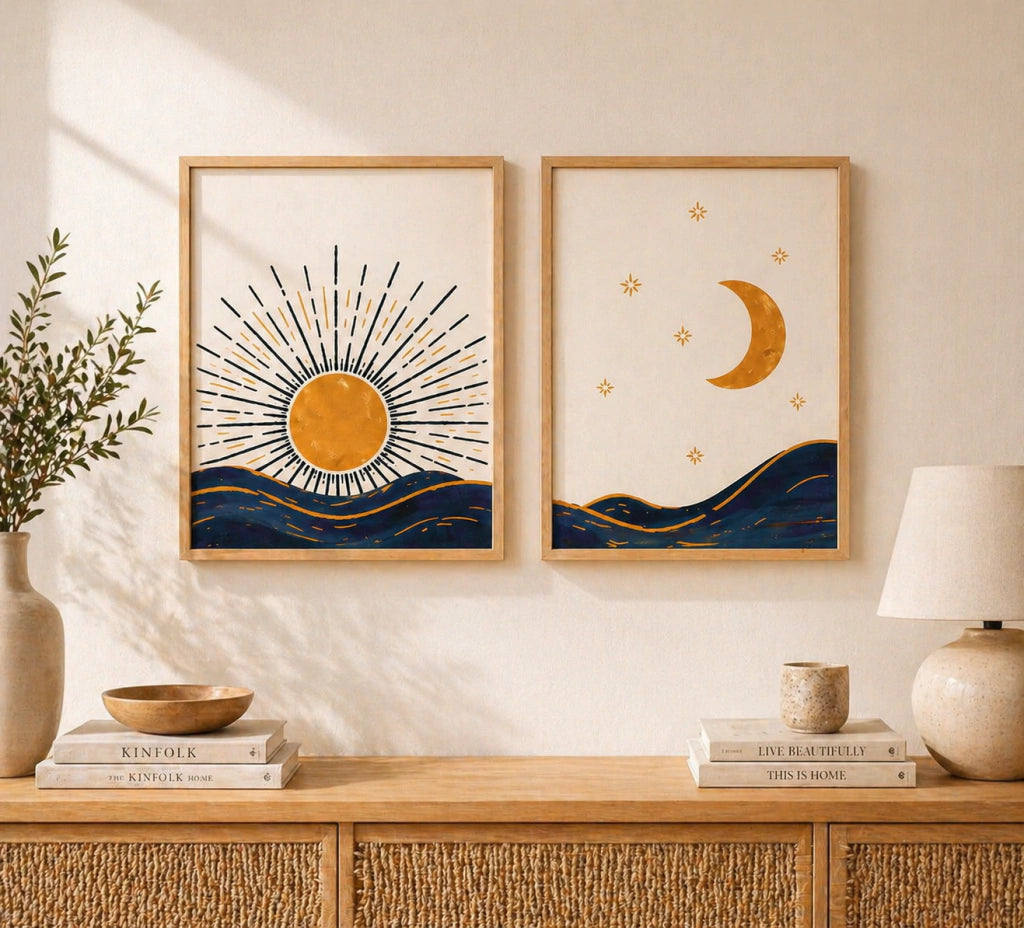 Set x2 Cuadros Decorativos Abstractos Luna y Sol Azul