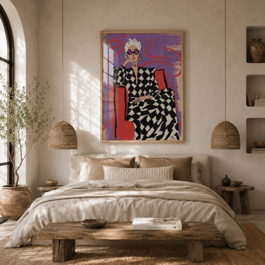Cuadro mujer glamurosa con vestido a cuadros, ilustración de moda audaz