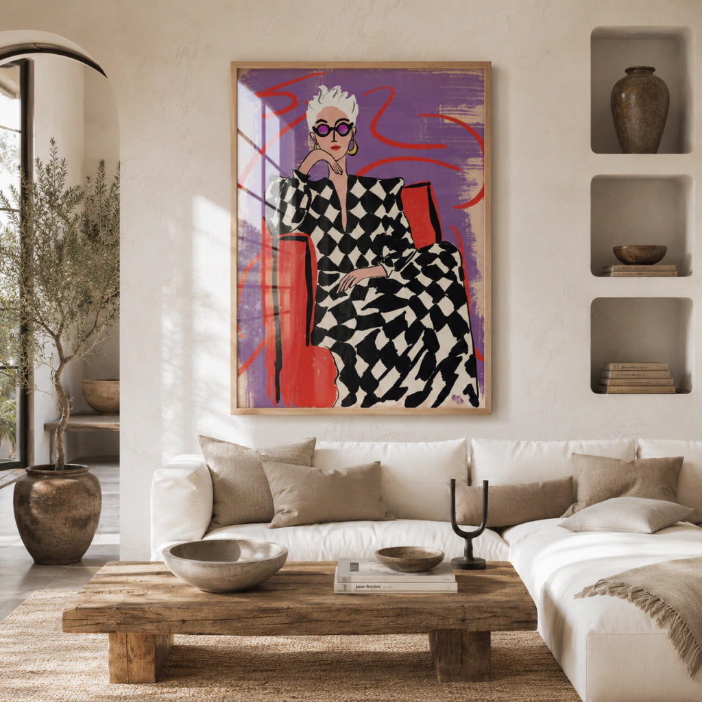 Cuadro mujer glamurosa con vestido a cuadros, ilustración de moda audaz