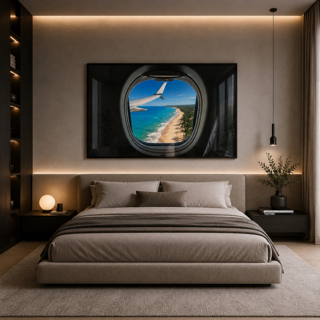 Cuadro ventana de Avión y playa