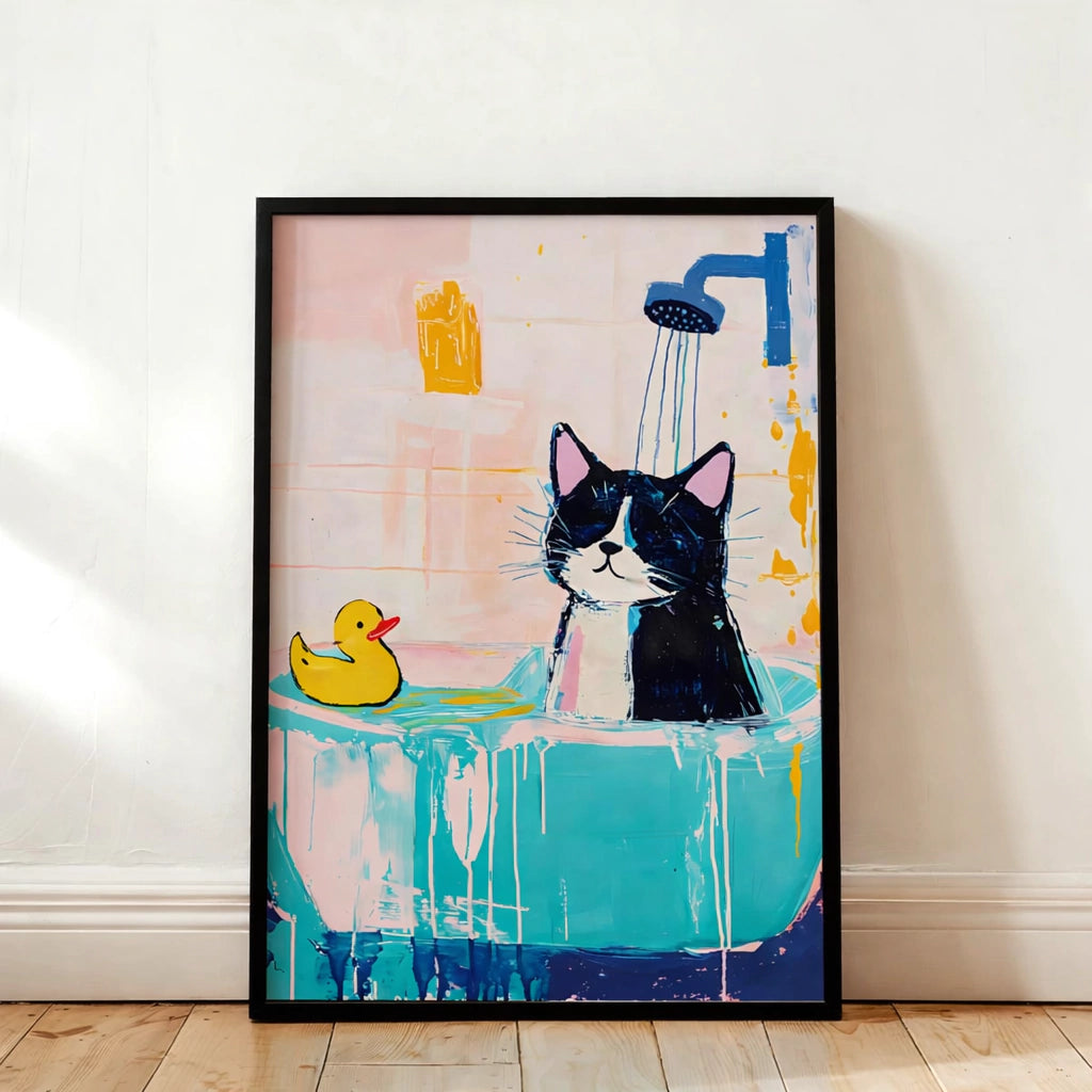 Cuadro Decorativo Gato Negro Baño Patito Amarillo