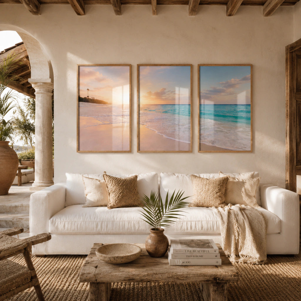 Set x3 Cuadros Decorativos Playa, Mar Orilla, Atardecer