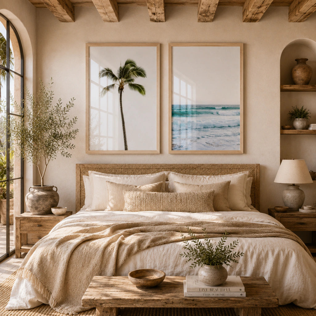 Set x2 Cuadros costeras tropicales, carteles de playa azul boho
