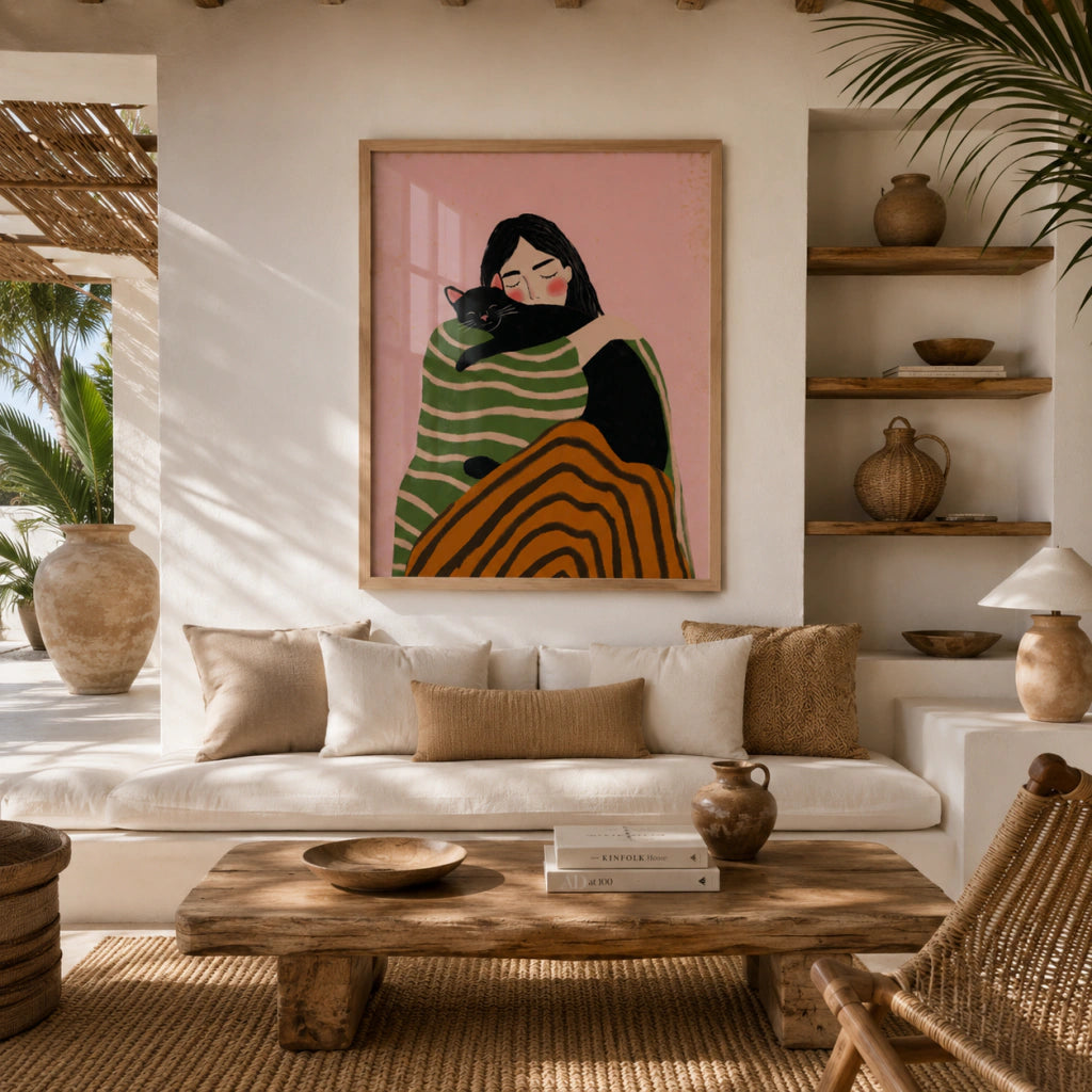 Cuadros Decorativo mujer con gato negro, ilustración dibujada
