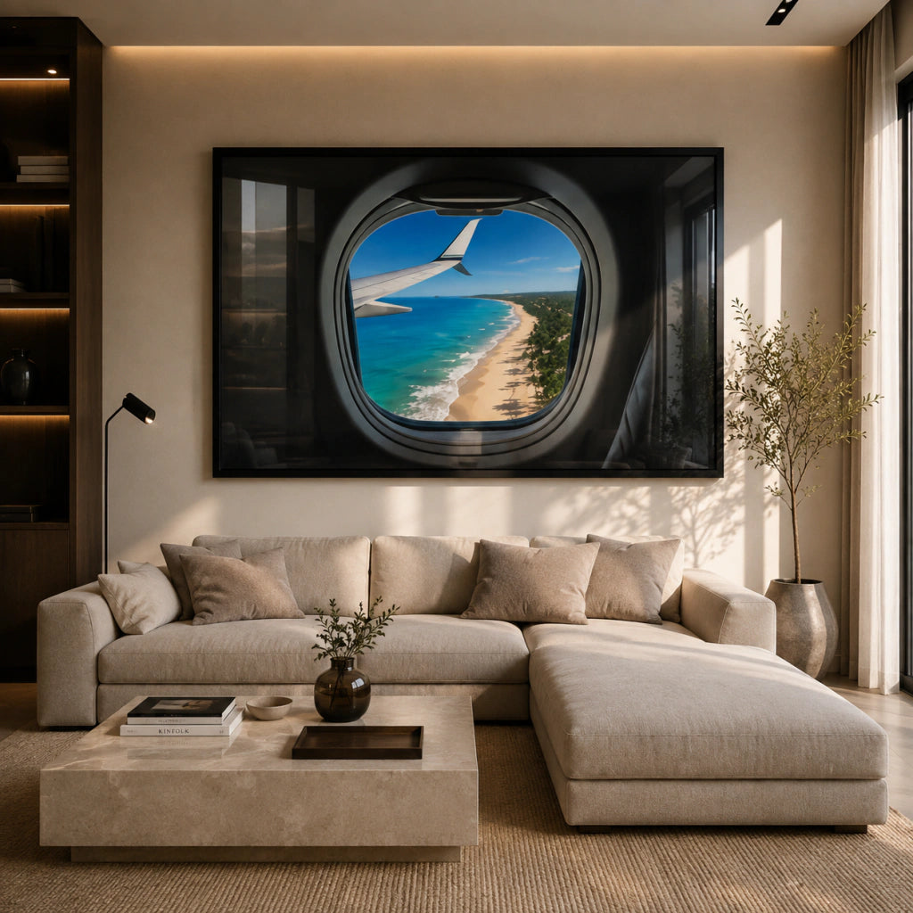 Cuadro ventana de Avión y playa
