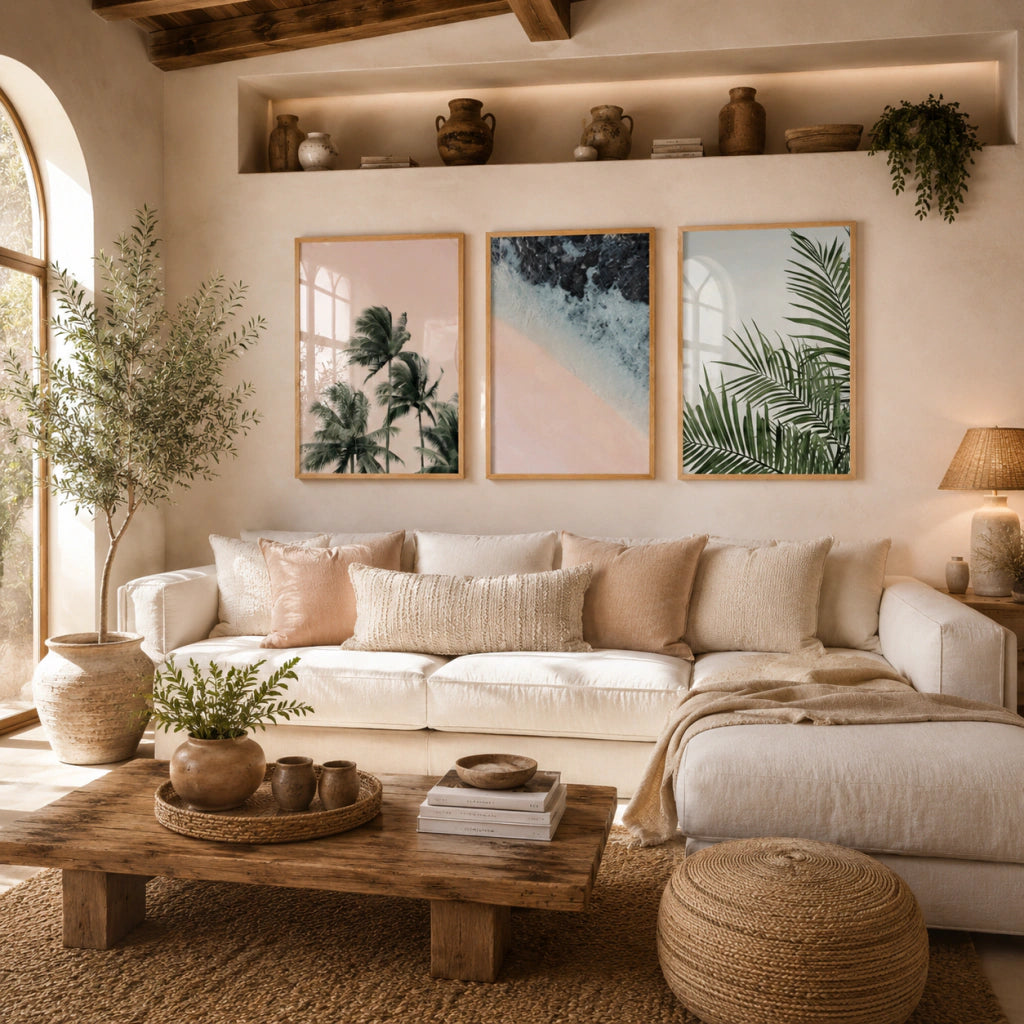 Set x3 Decorativos Cuadros Olas Mar, Palmeras