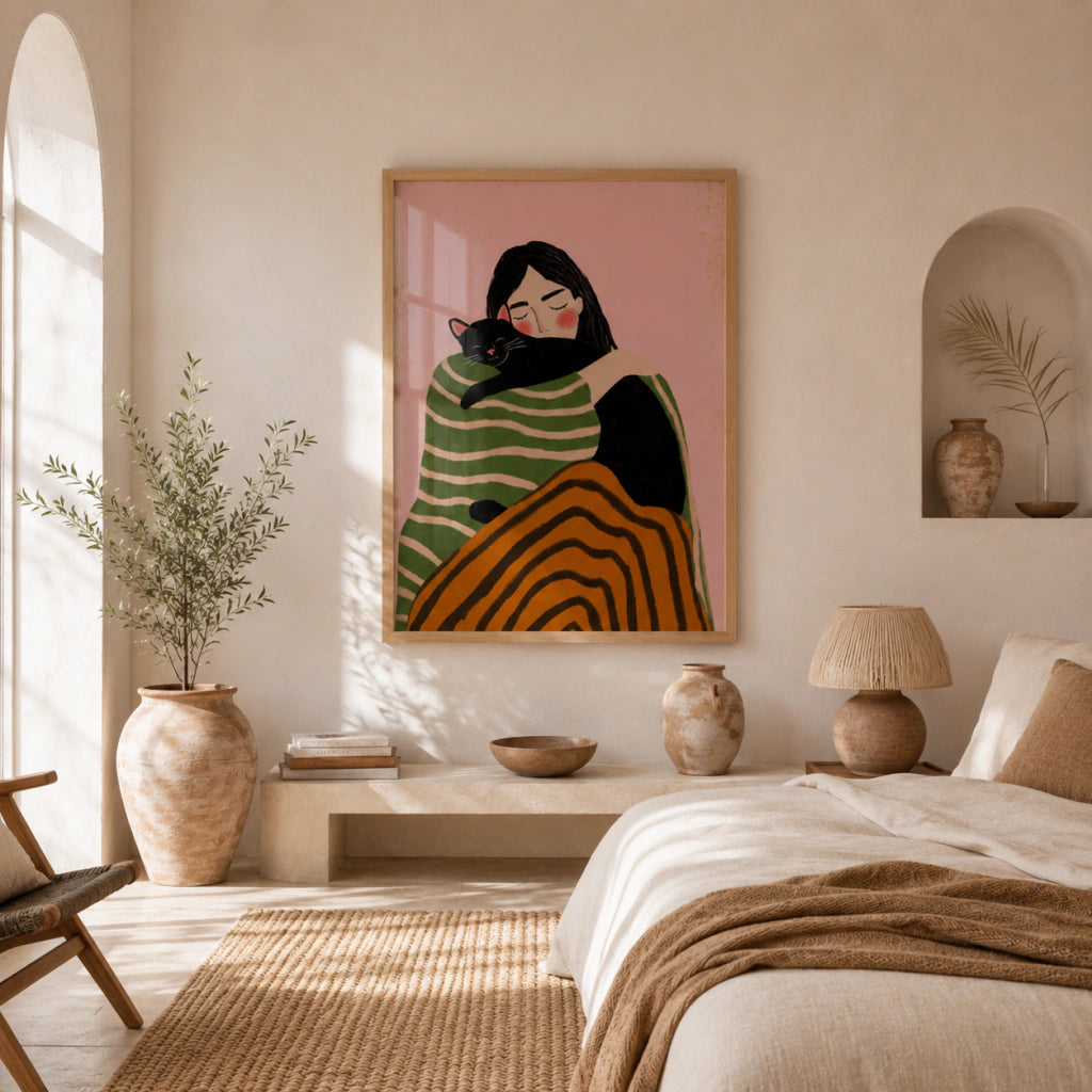 Cuadros Decorativo mujer con gato negro, ilustración dibujada
