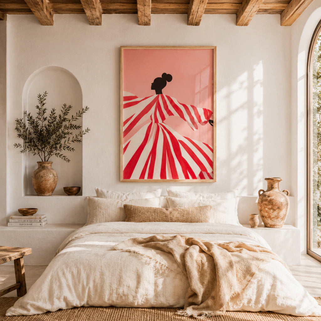 Cuadro Decorativo Ilustración Mujer Bailando Vestido Rojo