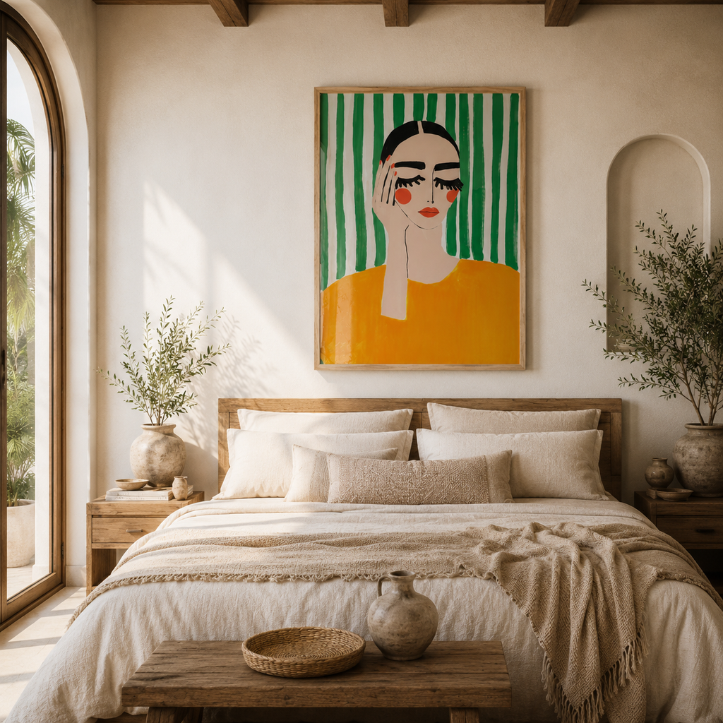 Cuadros Decorativo mujer pensativa abstracto verde y naranja