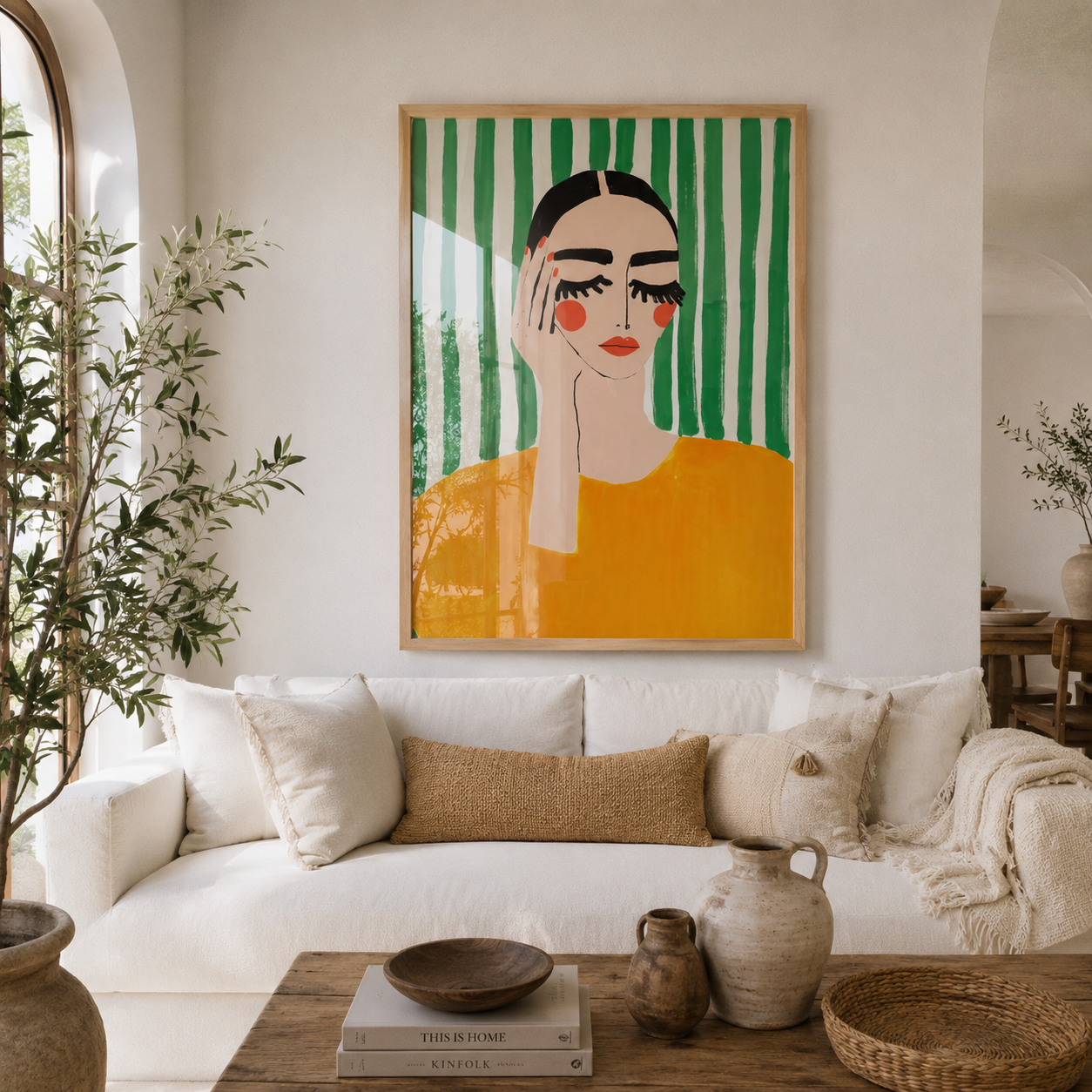 Cuadros Decorativo mujer pensativa abstracto verde y naranja