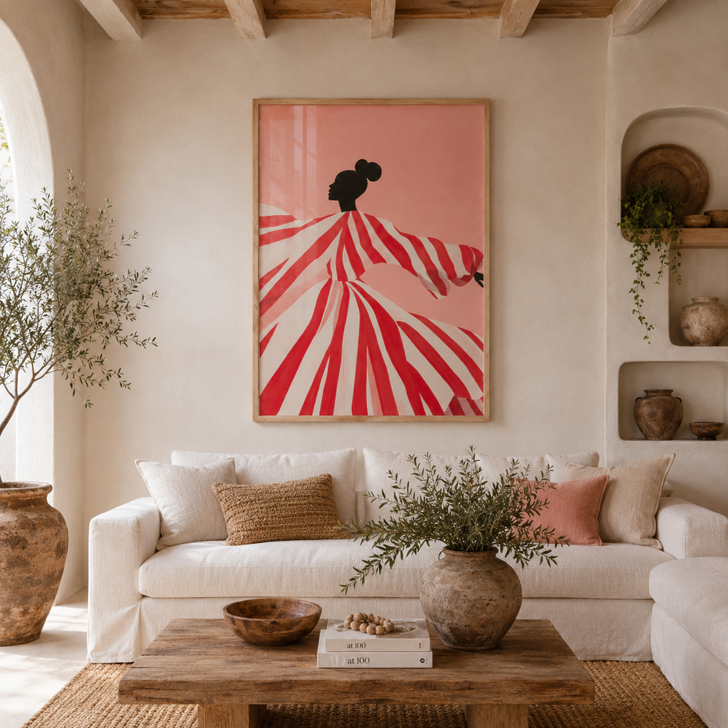 Cuadro Decorativo Ilustración Mujer Bailando Vestido Rojo