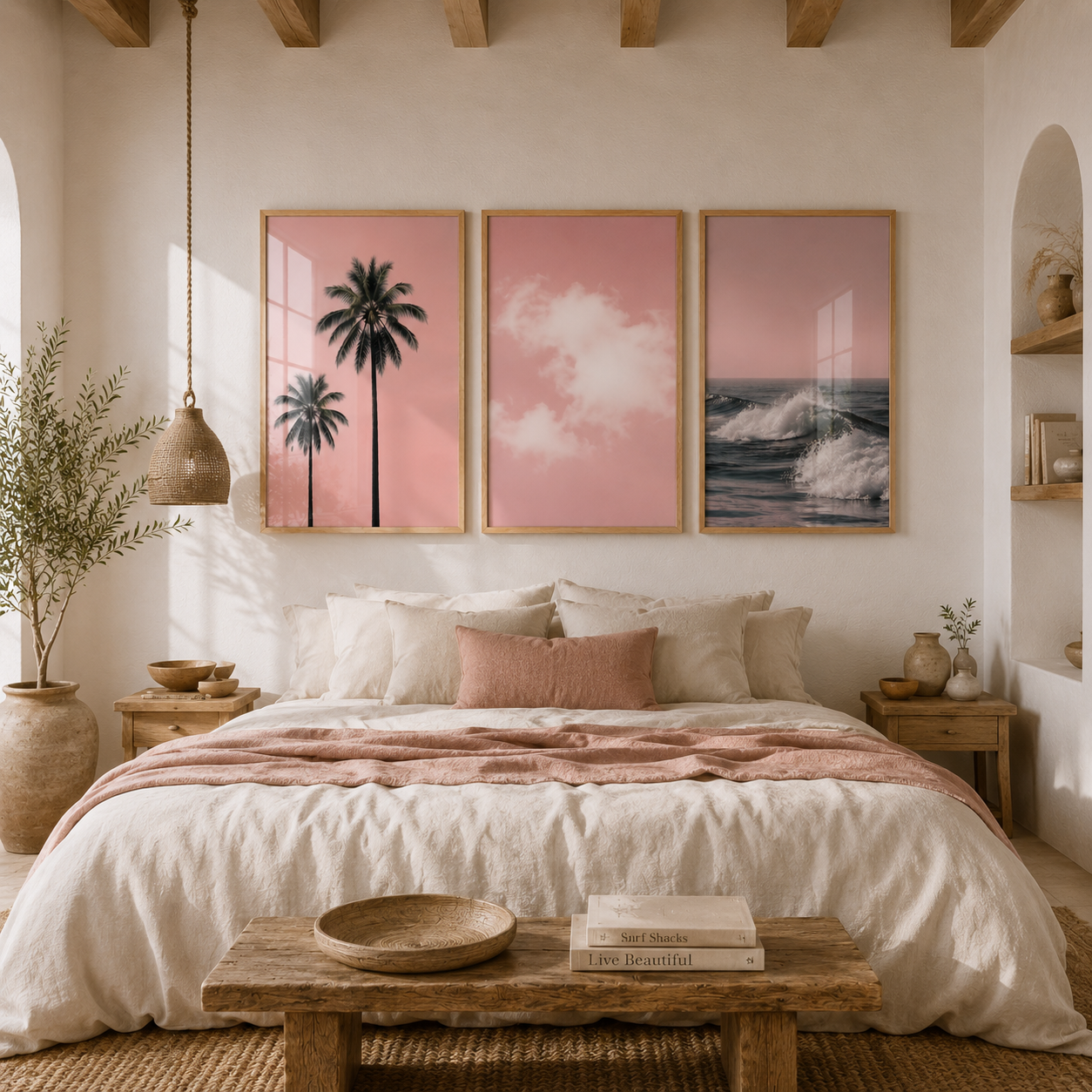 Set x3 Cuadros Playa Tonos Rosa
