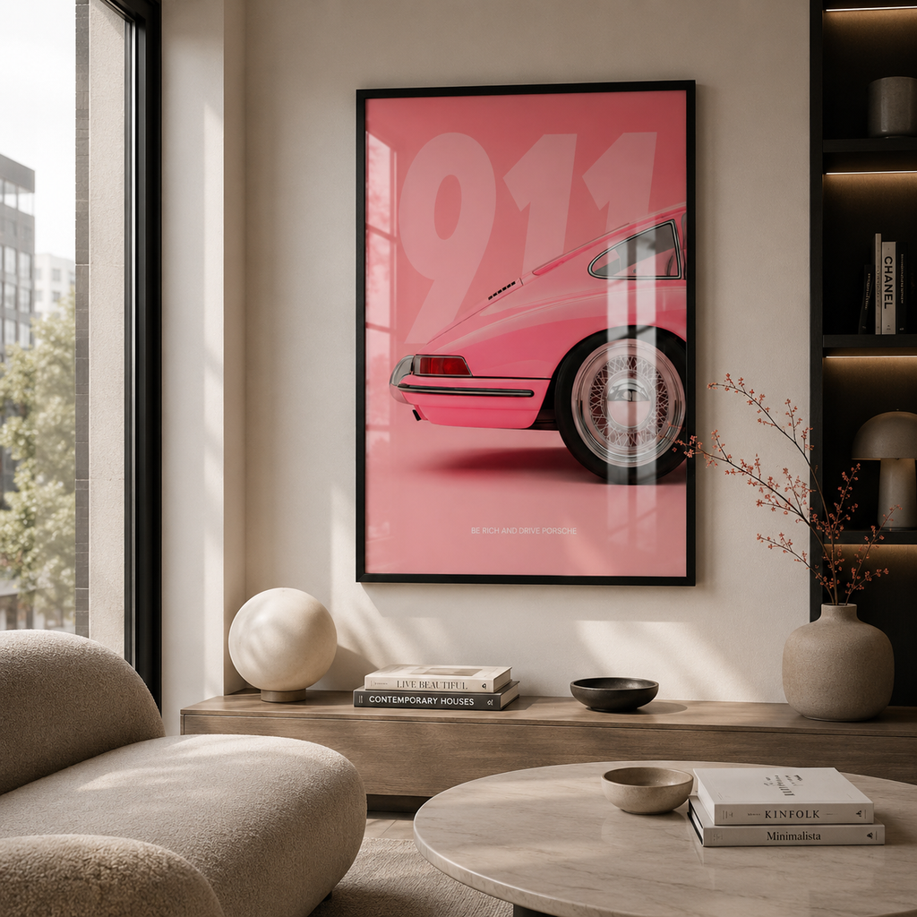 Cuadro vintage de un Porsche 911 rosa