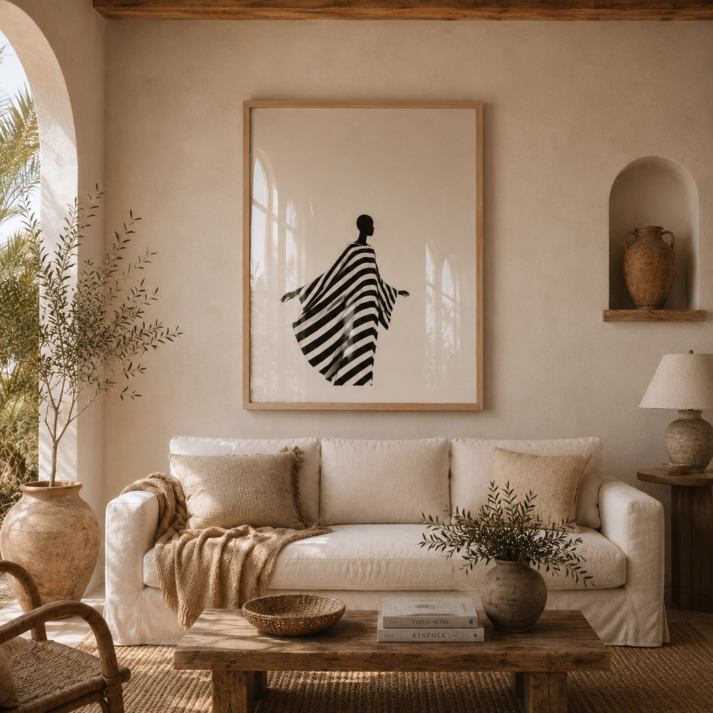 Cuadro Decorativo Ilustración Mujer Caminando Vestido Rayado
