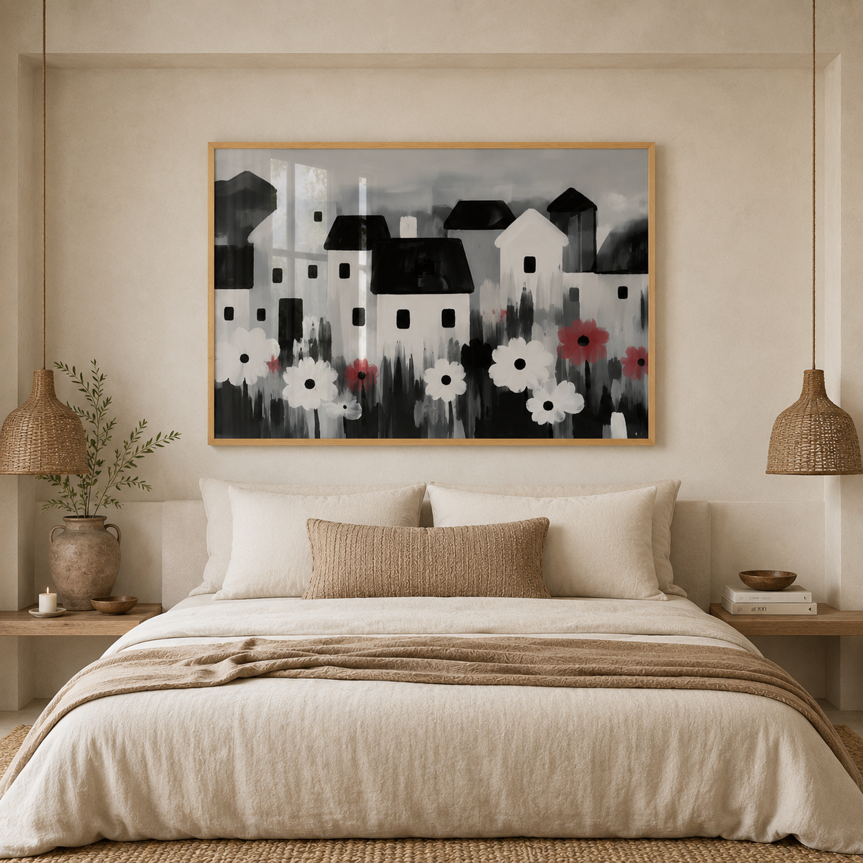 Cuadro Decorativo Ilustración Casas y Flores