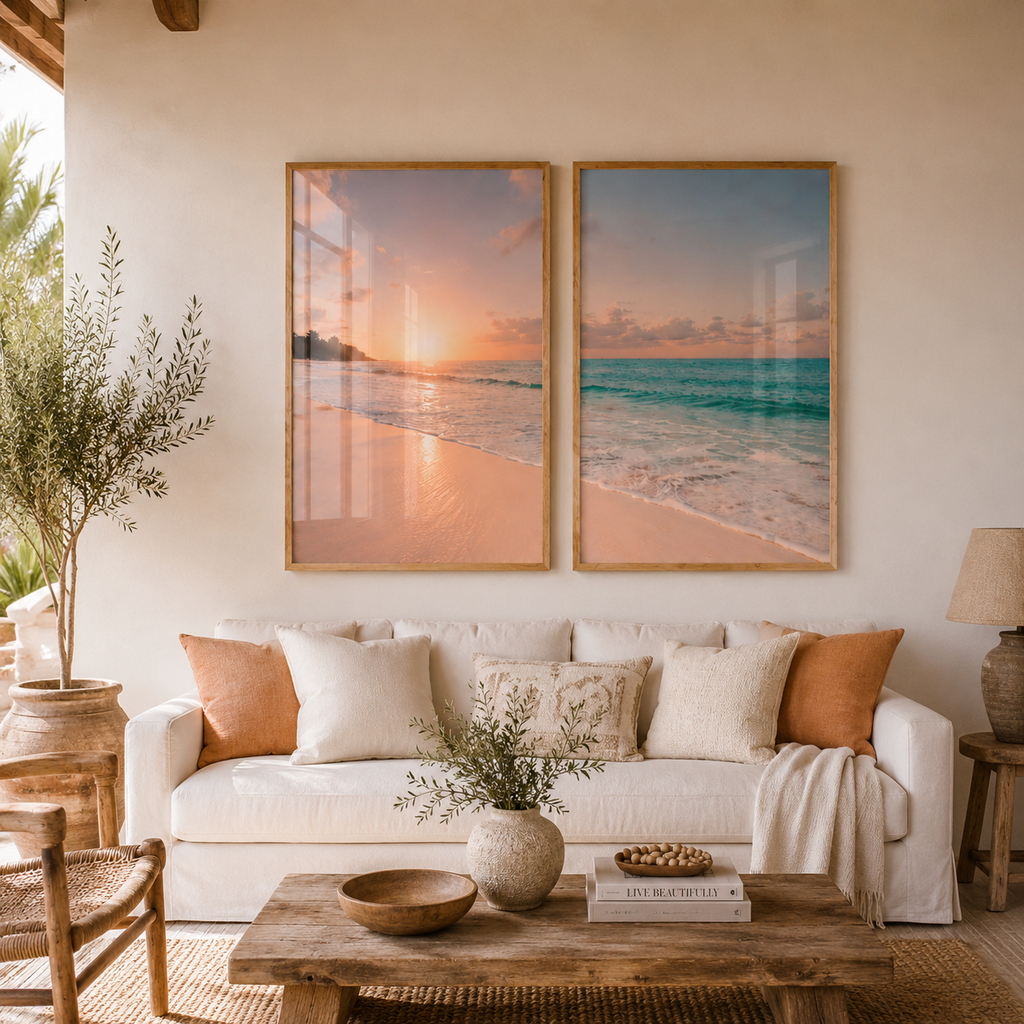 Set x2 Cuadros Decorativos, Una Playa, Atardecer