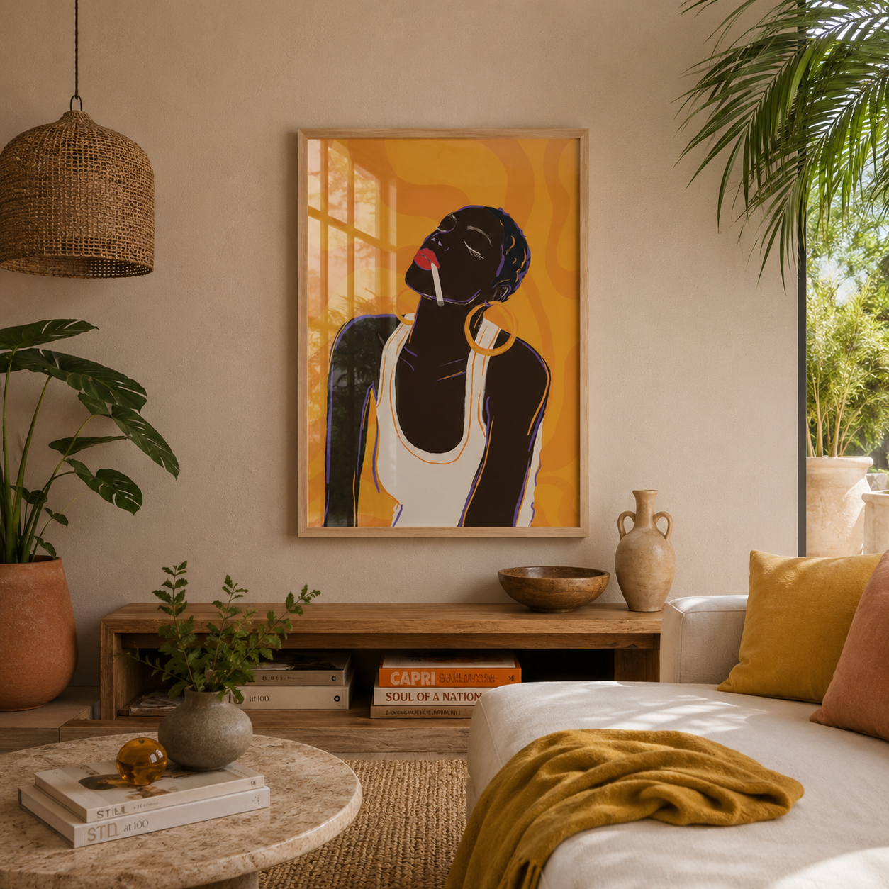 Cuadro retrato de mujer afro fumando